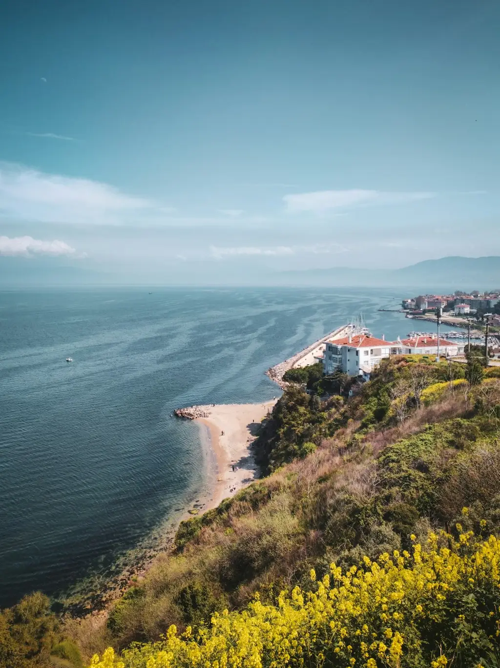 Cliffside view of the blue sea and clear sky